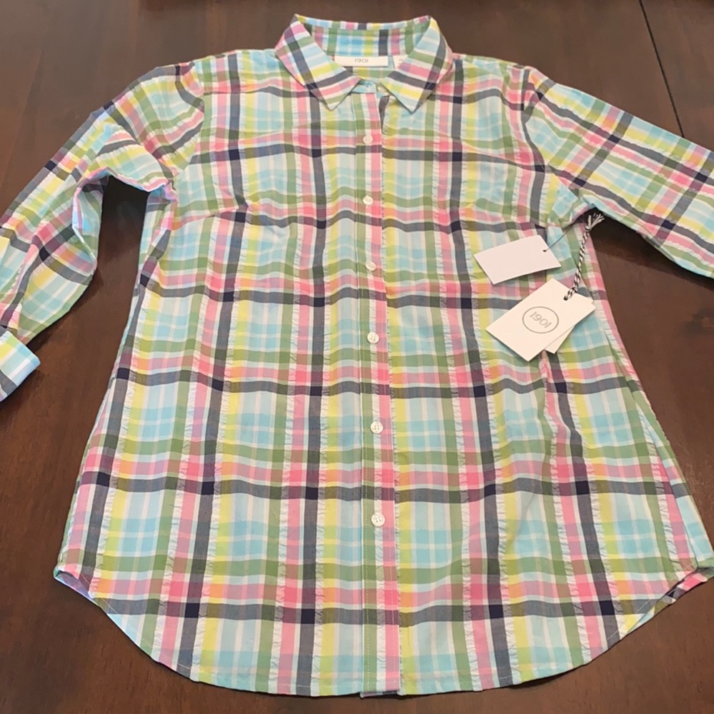 ⭐️🌴 1901 White Multi-Color Check Button Down - Picture 3 of 8